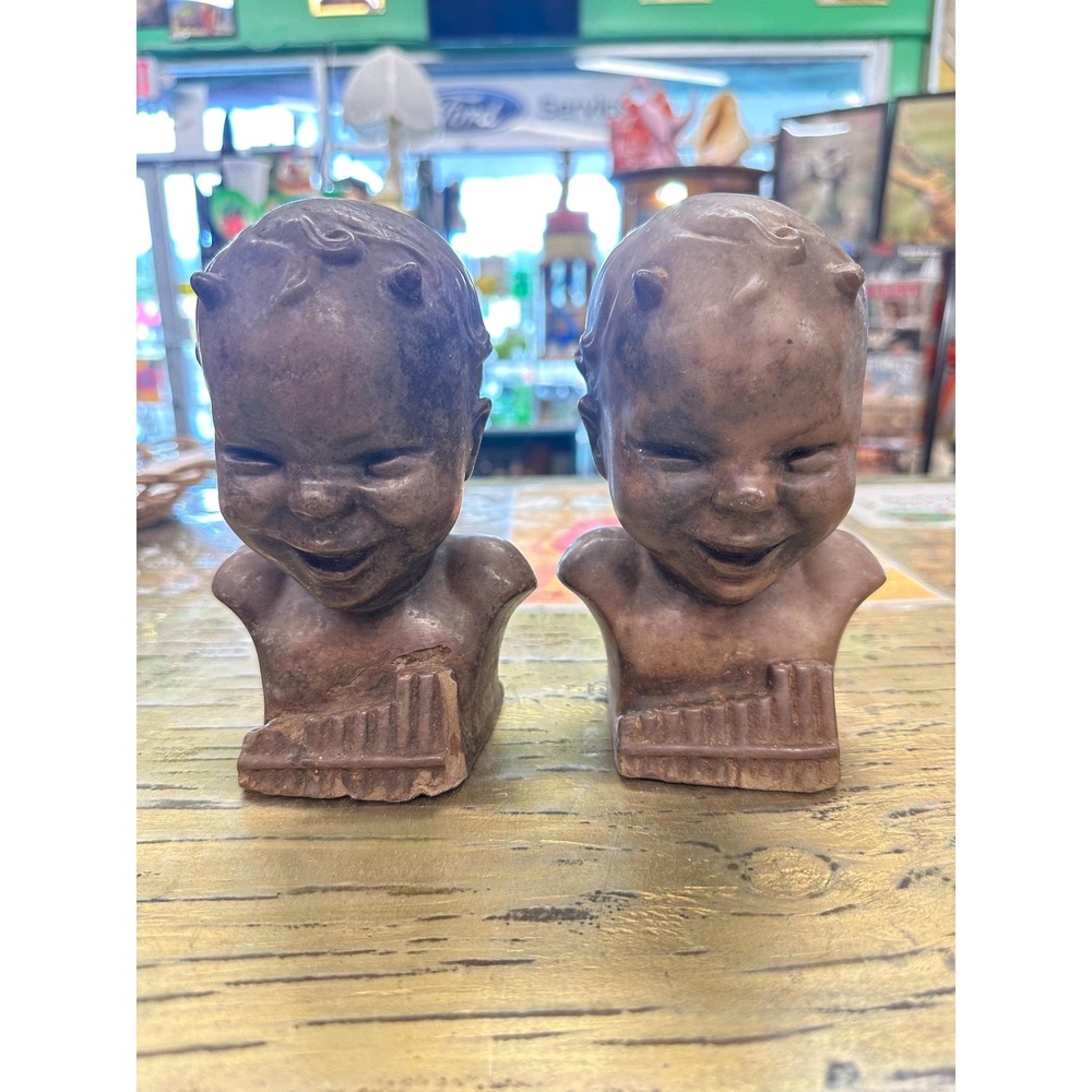 Rare Pair Of 1930s Helen Liedloff  Bookends: Baby Devil Imp with Flute